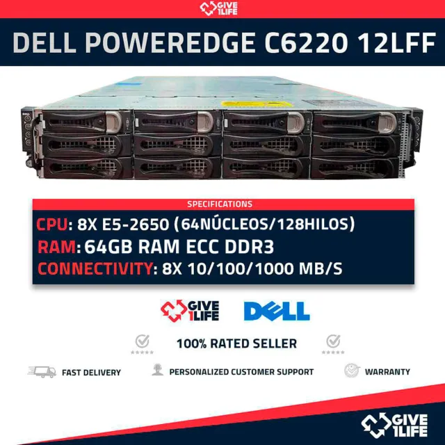 Dell PowerEdge C6220 12LFF 4 nœuds 8x E5-2650 (64 cœurs/128 fils) 64 Go de...