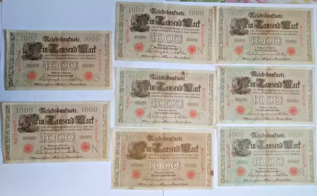 8 Reichsbanknoten 1000 Mark 1910, roter Stempel, versch. Seriennummern