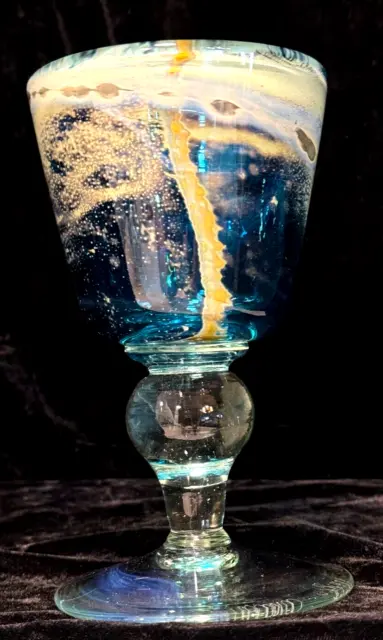 Mdina Malta Glass 6 1/2" Goblet Blue Summer 1978 Design Signed #1