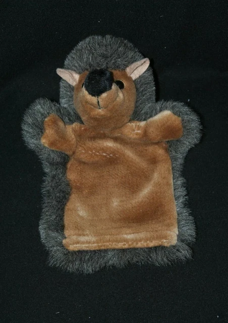 Peluche doudou marionnette hérisson CP INTERNATIONAL marron gris chiné 26cm TTBE