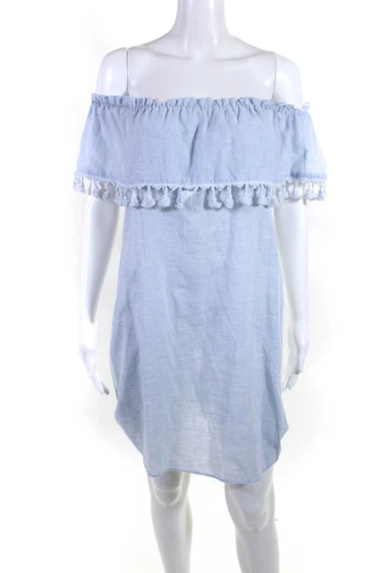 Elle Lauri Womens Cotton Fringe Off The Shoulder Isla Dress Blue Size XS