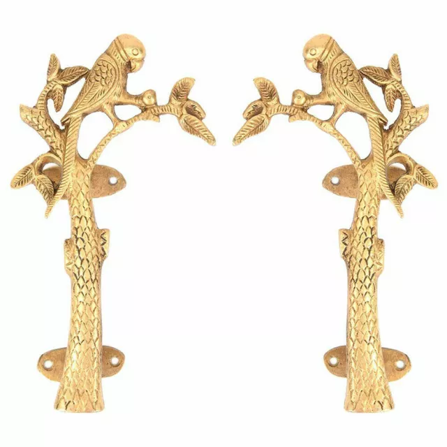 Set of 2 Antique Golden Bronze Parrot On Tree Door Pull Handle Vintage Style