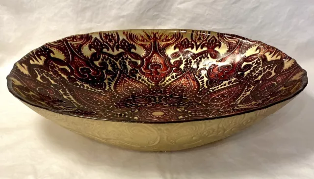 Goofus Glass Red Gold Hand Painted Oblong Large Bowl Made In Turkey Art Glass