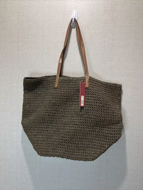 Womens Woven Straw Tote Bag Brown Faux Leather Handles NWT Summer Beach