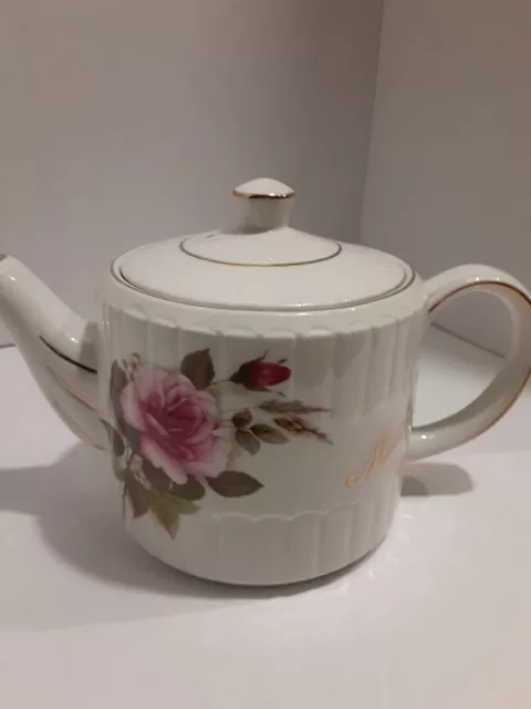 ELLGREAVE IRONSTONE WOOD &SONS TEAPOT ENGLAND Gold Trim Mother Pink Rose Vtg