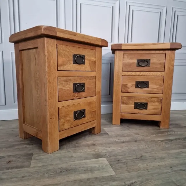 Vintage Pair 2 Solid Oak Chunky Rustic Bedside End Tables Drawers Night Stands