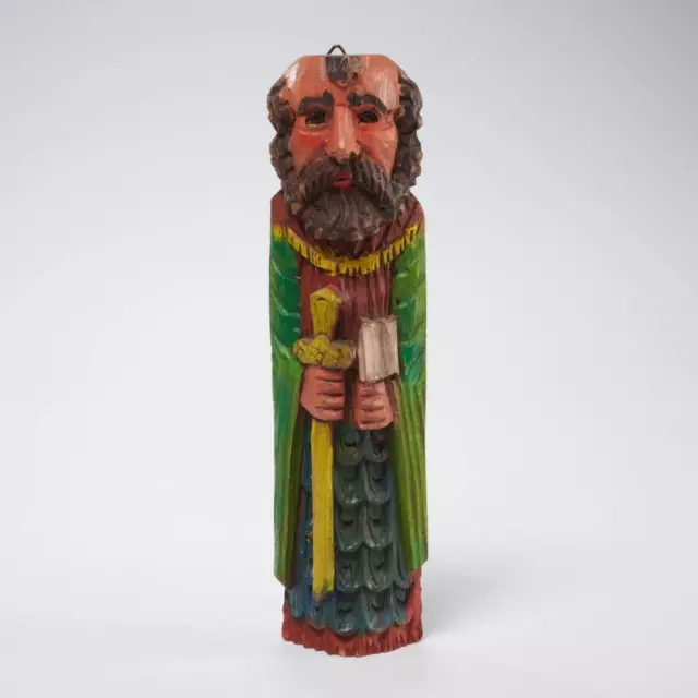 Hand Carved Wooden Knight With Sword Bible Robe Vintage Spanish Hanging Figurine