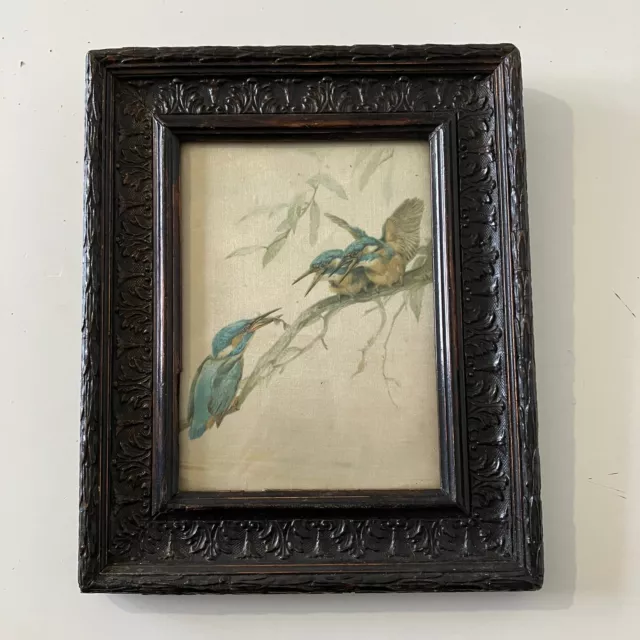 Birds Print On Silk In Antique Wood Carved Ornate Picture Frame Antique Vintage