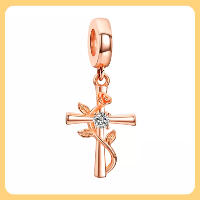 Rose Gold Floral Kreuz Glaube Charme Original S925 Frauen Armband Halskette