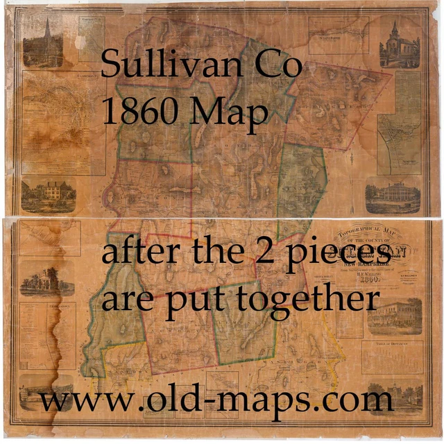 SULLIVAN COUNTY NH 1860 Map Original Wall Map Homeowner Names eb345