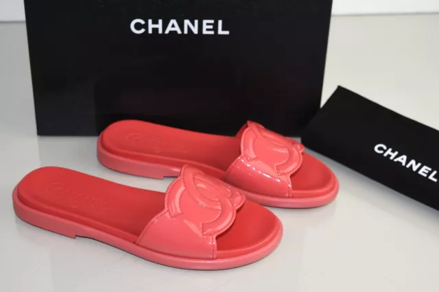 NEW 17 S Chanel Cambon Mules RED CC Flats Flat Sandals Patent