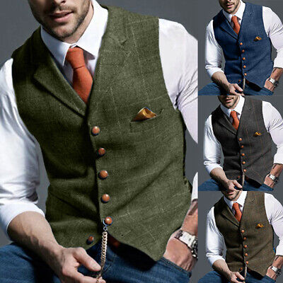 Men's Retro Tweed Waistcoat Wool Blend Formal Plaid Herringbone Suit Vest Slim