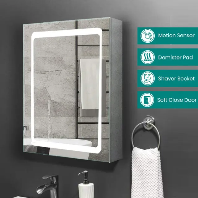 Large Bathroom Mirror Cabinet with LED Light Demister Shaver Socket Wall Mounted