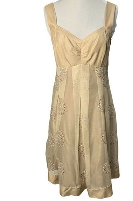 ECI New York Dress Women's 4 Beige Silk Sheer Chiffon Lined Eyelet Sleeveless