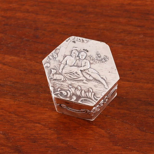 Neresheimer & Sohne ? German Hanau Silver Dresser Box Bucolic Courting Scene