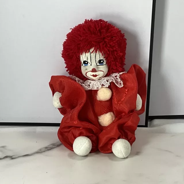 Vintage Clown Doll Sand Filled  Hand Painted Yarn Hair 6.6” Red Outfit