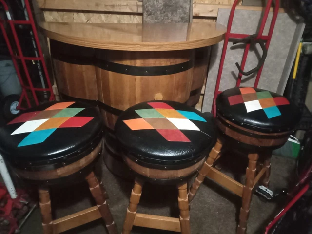 Brothers of Kentucky Whiskey barrel bar and 3 stools.