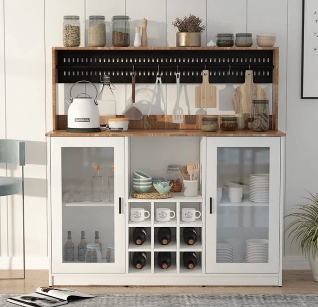 Coffee Bar Cabinet Microwave Storage Stand w/Wine Rack Kitchen Bakers Racks US