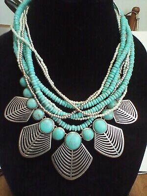 Lucky Brand Necklace Turquoise And Silver Tone Multi Strand Boho Statement