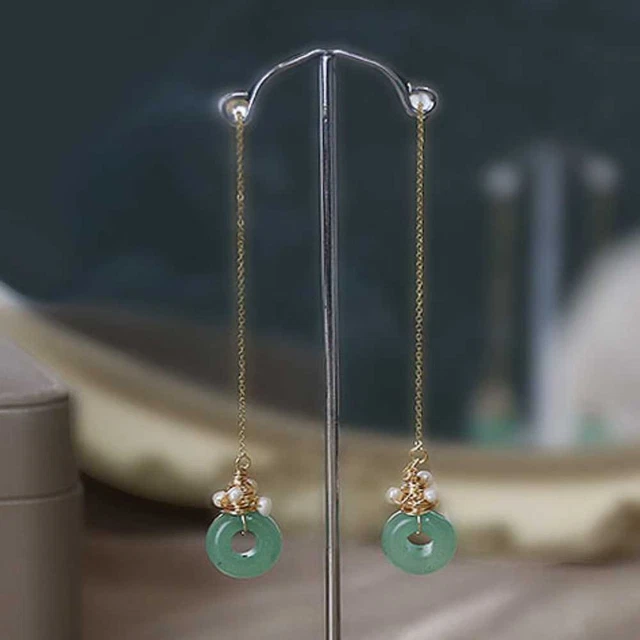 Fashion Natural jade ring Rice pearls Earrings Ear wire Party Halloween