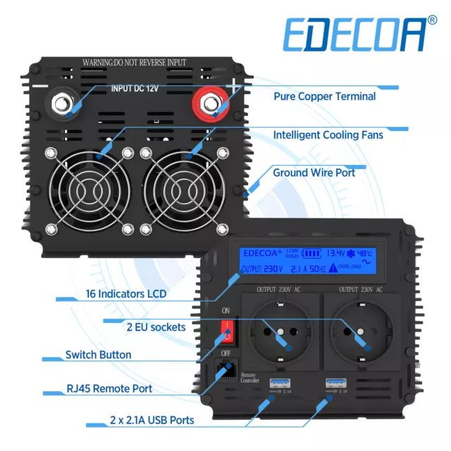 EDECOA Wechselrichter Reiner Sinus Spannungswandler 12V 230V 1500W LCD USB V3.0 2