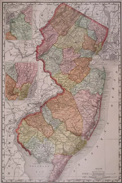 1897 Large 15"x22" Rand McNally Atlas Map ~ NEW JERSEY ~ Free S&H