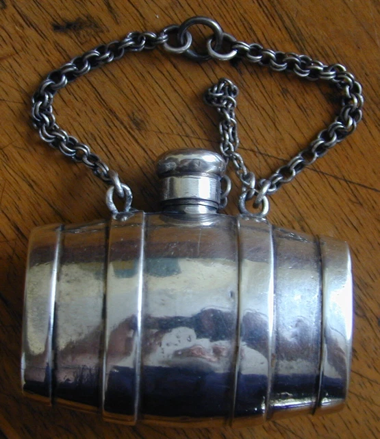 VICTORIAN STERLING BARREL FORM SCENT FLASK. HALLMARKED LONDON 1871 by JB.