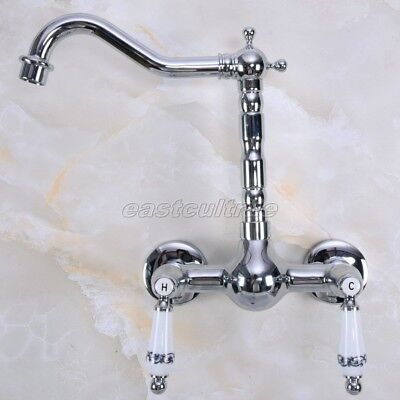 Polished Chrome Brass Wall Mount Bathroom Kitchen Double Handle Faucet enf957 2