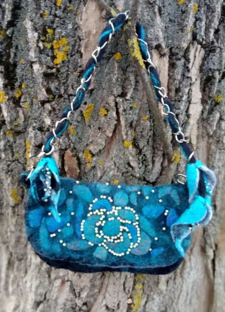 Bolso de fieltro negro turquesa para mujer único.bolso de flores.Bolso con...