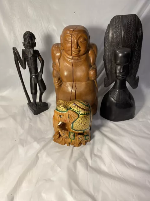 Vintage Wood Art Sculpture Lot - Hand Carved Buddha, Elephant, African statue