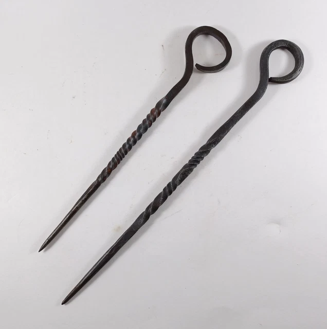 Antique Primitive Twisted Wrought Iron Forged Awl Scribe Tools Or Hearth Skewers