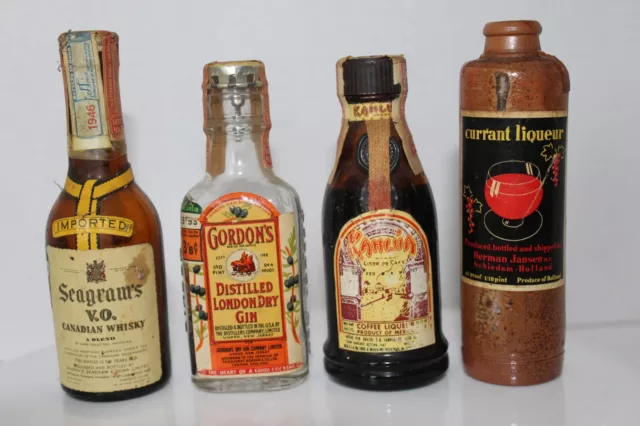 1940s Lot of 4 Mini Liquor Bottles Seagrams VO Whisky, Gordons Dry Gin, Kahlua,