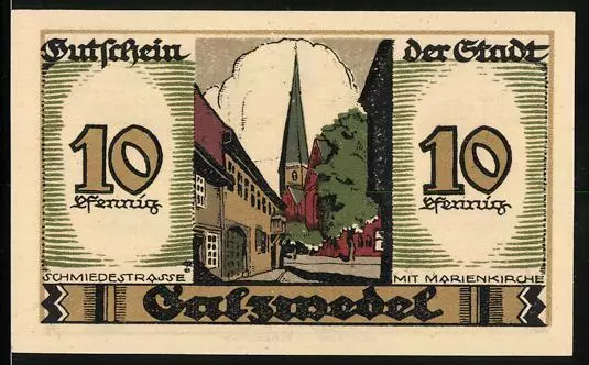 Notgeld Salzwedel 1921, 10 Pfennig, Schmiedestraße mit Marienkirche, Wappen
