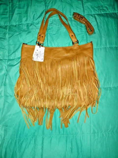 Urban Originals Ziggy Star Brown Vegan Leather Fringe Shoulder Bag Boho Lg Tote