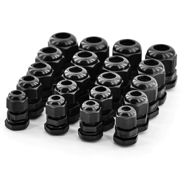 20Pcs PG7-16 Black Nylon Waterproof Cable Gland 3-13mm Dia. w/ Lock-Nut & Gasket