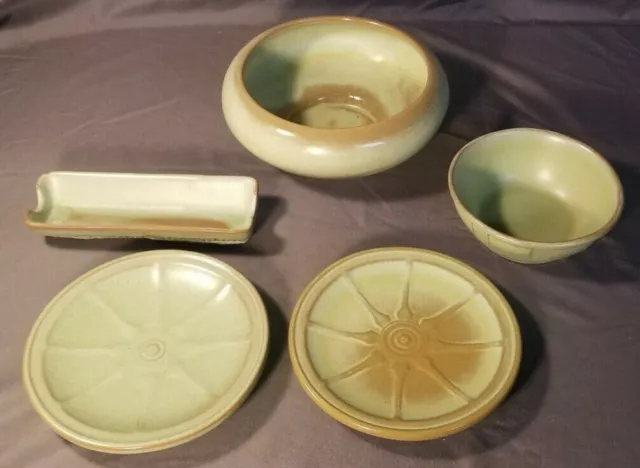 Frankoma Pottery Mixed Prairie Green Lot Plates, Bowls, Corn Cob Holder