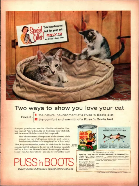 1958 Puss N' Boots Cat Food kitten Laying on Cat Bed Vintage Print Ad a6