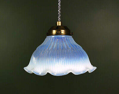 Antique English Vaseline / Opalescent Holophane Prismatic Glass Pendant Lamp
