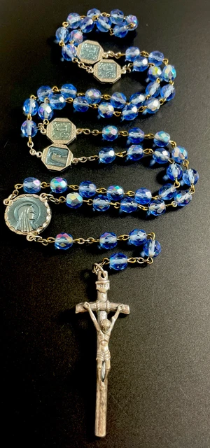 Vintage Iridescent Blue Crystal Rosary, Blue Enamel Lourdes Medals, Crucifix