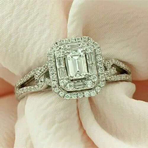 925 STERLING SILVER Emerald Moissanite Halo Wedding Ring 14k White Gold ...