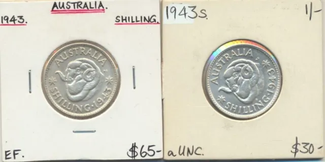 Australia: 1943 & 1943-S Shilling KGVI silver 1/- EF-UNC nice grade (2 Coins)