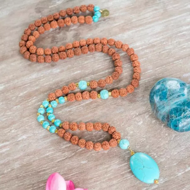 8mm Natural knot Rudraksha Turquoise gemstone beads necklace Lucky Inspiration