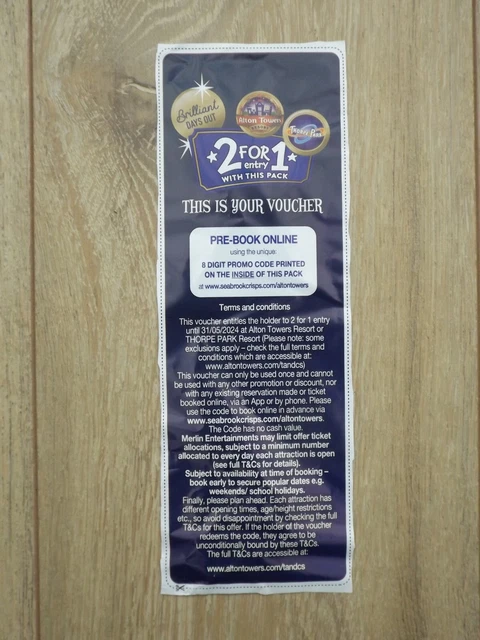 2 For 1 ENTRY Voucher for Alton towers OR Thorpe park Expires May 2024