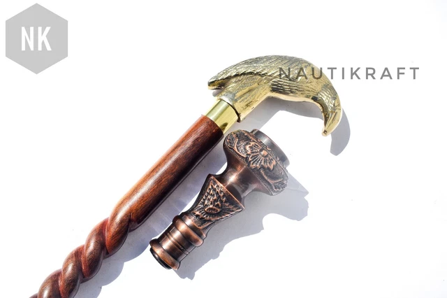 Canne De Marche En Bois Ancienne Avec Pommeau Tête De Loup - Réglable En Aluminium - Inde