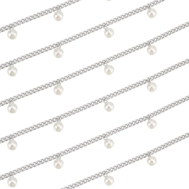 PH PandaHall 6.5 Feet Jewelry Chains with Pearls 304 Stainless Steel Cuban...