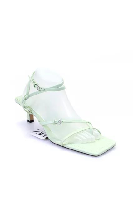 Zara Womens Square Toe Mid Heel Strappy Ankle Strap Sandals Light Green 41 11