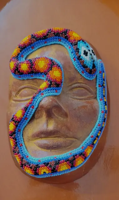 Authentic Huichol Beaded Mask with snake Vibrant Colors, Intricate Beadwork