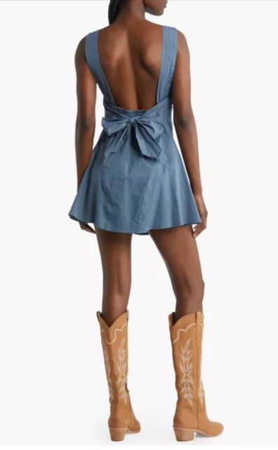 NWT Free People Free-est Eye Catching Bow Back Mini Dress Blue Mirage Large $78