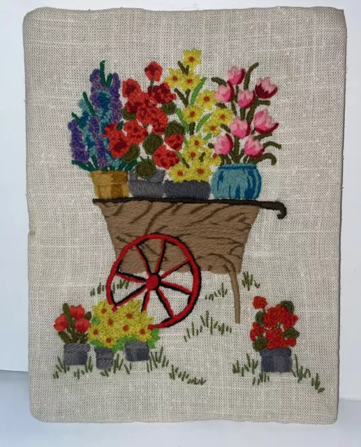 Vintage Crewel Embroidery Finished Flowers Wagon Floral  12” X 9” Unframed