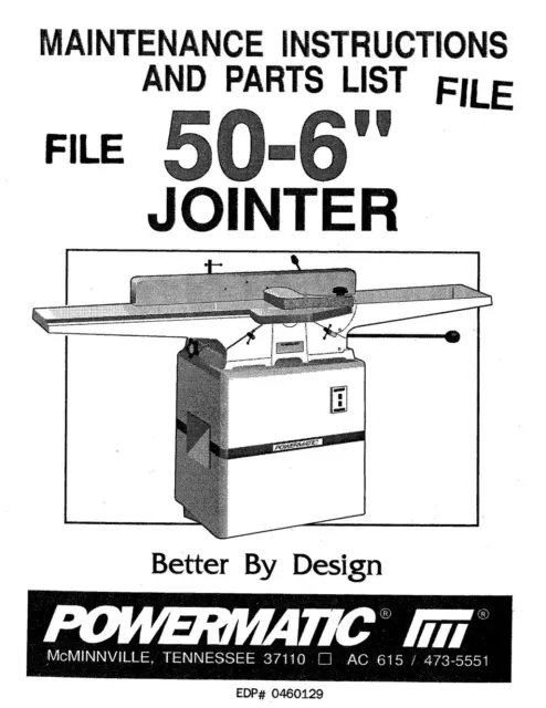 6in Jointer Maint. Instructions & Parts List Manual Powermatic Model 50 PM10